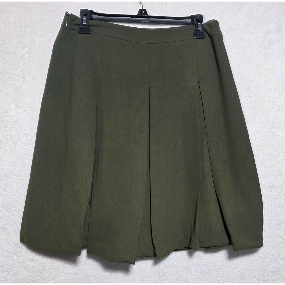 Jones Studio Olive Green Pleated Knee Length Skirt Women's Size 4 Side Zip Lined
